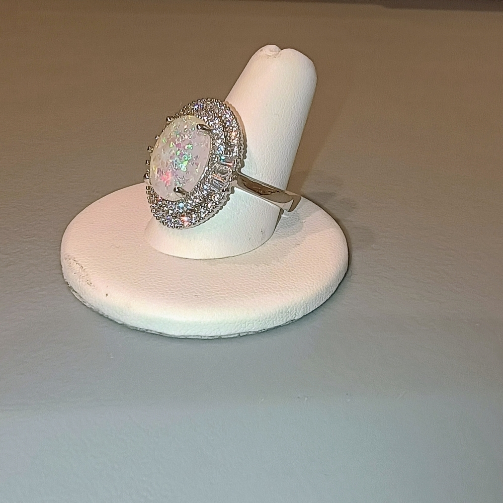 Opal Cocktail Ring With CZ Halo Rhodium Size 6 - Picture 8 of 10